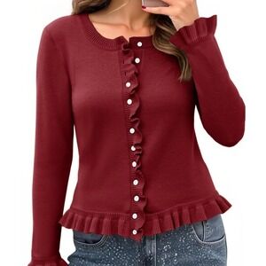Saodimallsu Knit Cardigan Sweater Burgundy Size Small Ruffle Trim Feminine